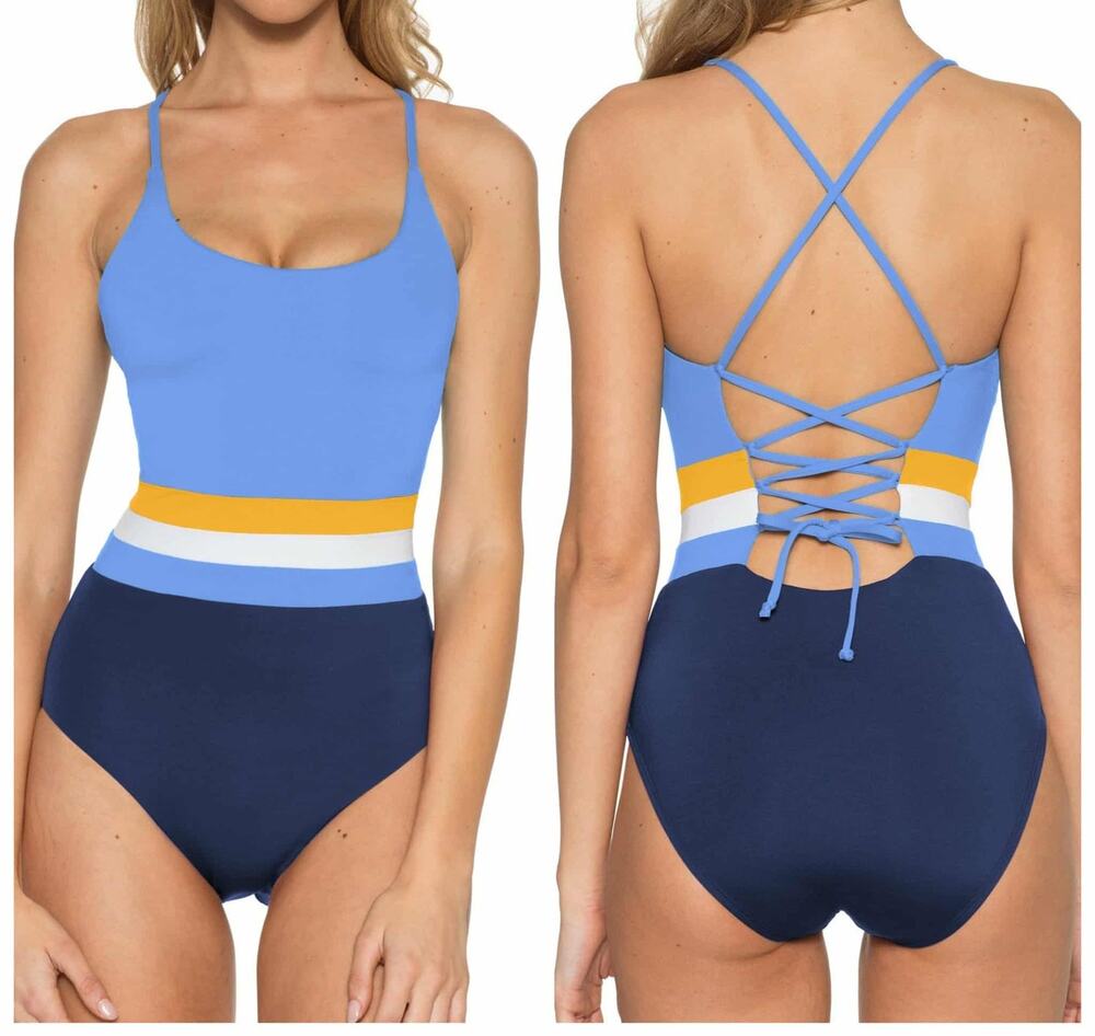 BCA by Rebecca Virtue Palo Alto One Piece Swimsuit Deep Water Blue Yellow White